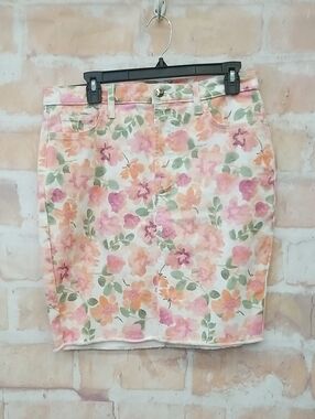 Jen 7 Floral Print Cotton Blend Pencil Skirt - Pink/Peach